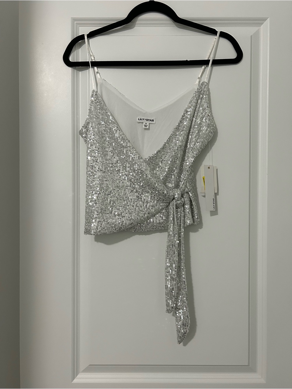 NWT Lily Star Silver Sequin Faux Wrap Cami Crop Top Size M